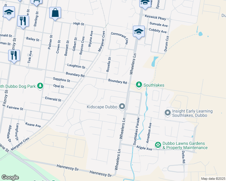 map of restaurants, bars, coffee shops, grocery stores, and more near Magnolia Boulevard in Dubbo