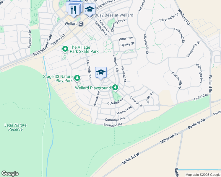 map of restaurants, bars, coffee shops, grocery stores, and more near 204 Lambeth Circle in Wellard
