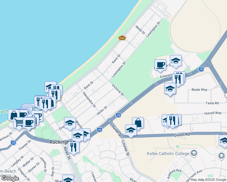 map of restaurants, bars, coffee shops, grocery stores, and more near 59 Smythe Street in Rockingham
