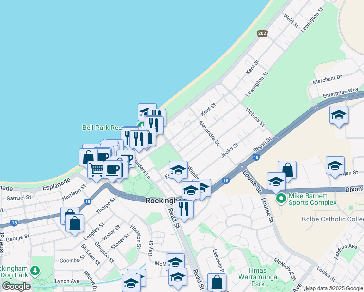 map of restaurants, bars, coffee shops, grocery stores, and more near 2 Lewington Street in Rockingham