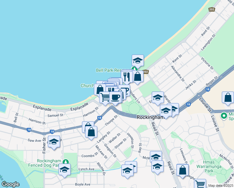 map of restaurants, bars, coffee shops, grocery stores, and more near 17 Rockingham Beach Road in Rockingham