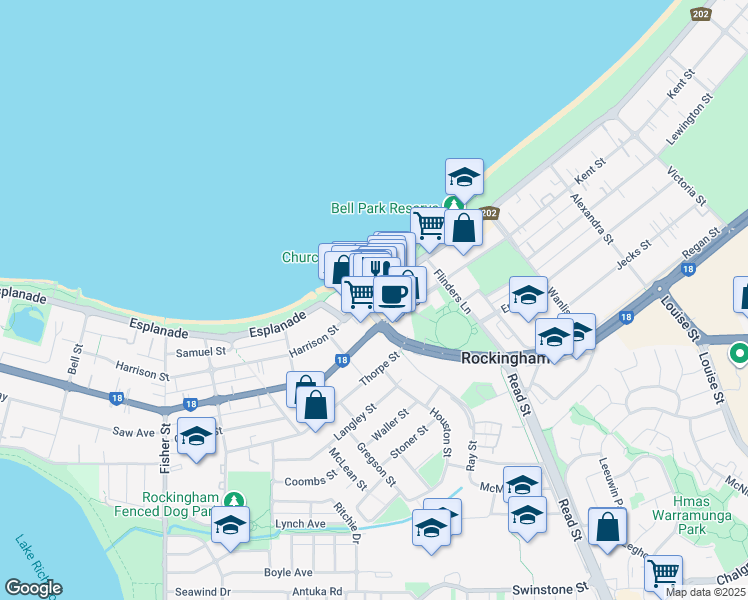 map of restaurants, bars, coffee shops, grocery stores, and more near 3 Rockingham Beach Road in Rockingham
