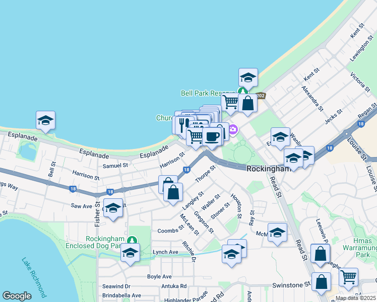map of restaurants, bars, coffee shops, grocery stores, and more near 107 Harrison Street in Rockingham