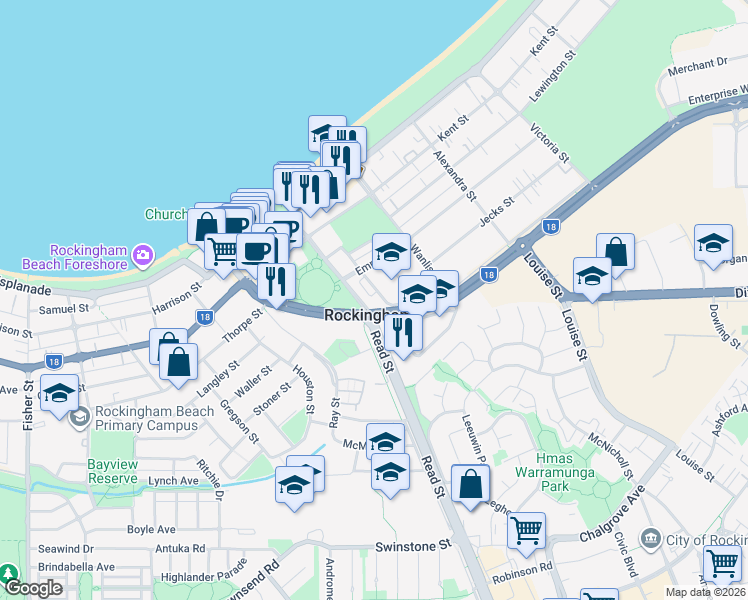map of restaurants, bars, coffee shops, grocery stores, and more near 22 Roscoe Turn in Rockingham