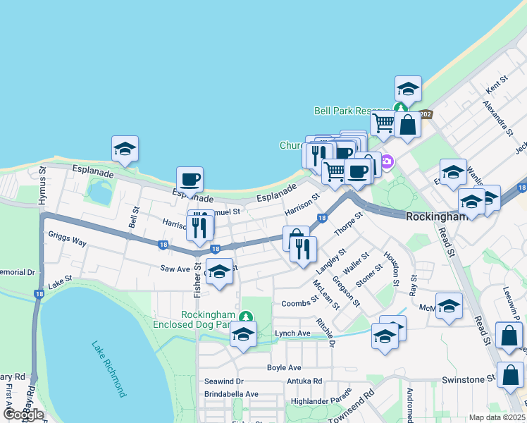 map of restaurants, bars, coffee shops, grocery stores, and more near 68 Harrison Street in Rockingham