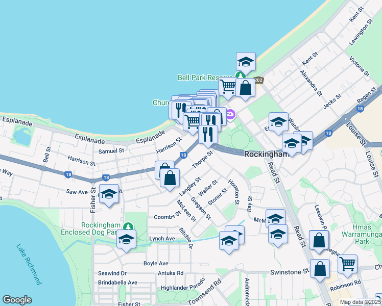 map of restaurants, bars, coffee shops, grocery stores, and more near 163 Parkin Street in Rockingham