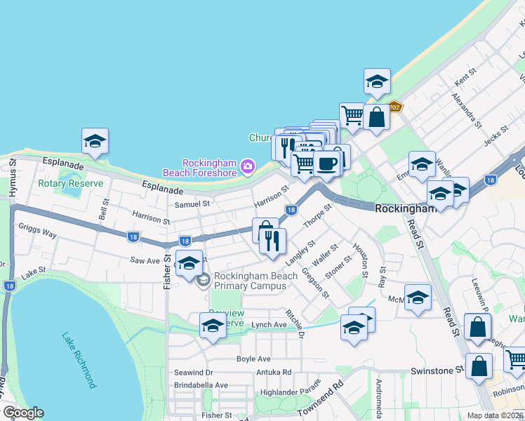 map of restaurants, bars, coffee shops, grocery stores, and more near 83 Harrison Street in Rockingham