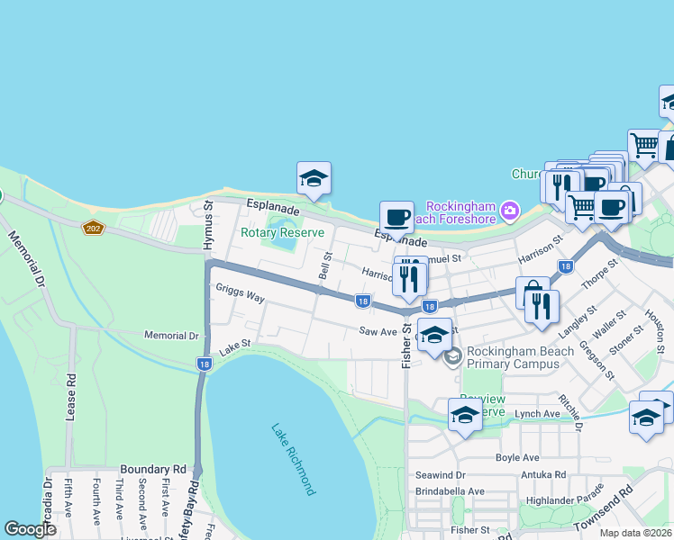 map of restaurants, bars, coffee shops, grocery stores, and more near 7 Harrison Street in Rockingham