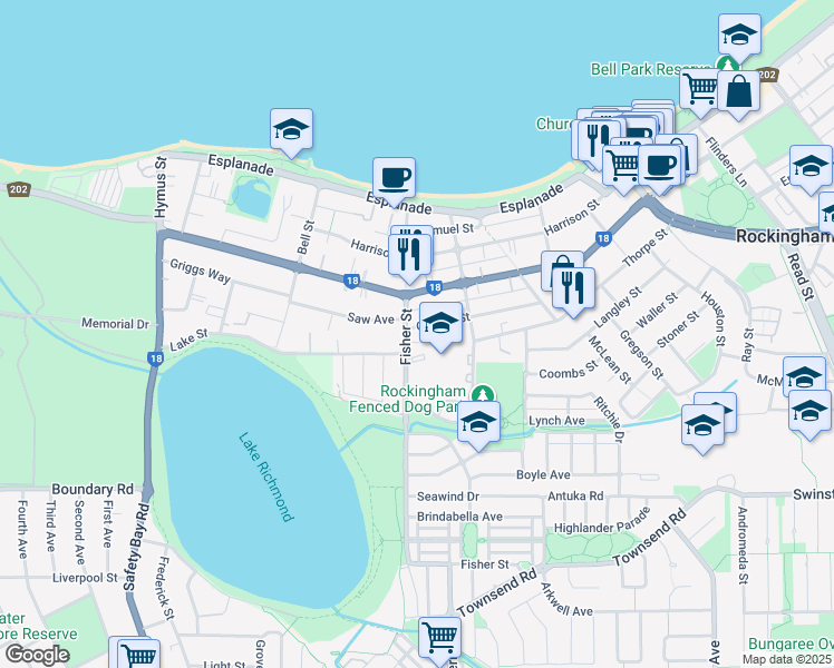 map of restaurants, bars, coffee shops, grocery stores, and more near 3 George Street in Rockingham