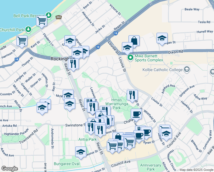 map of restaurants, bars, coffee shops, grocery stores, and more near 20 Kybra Mews in Rockingham