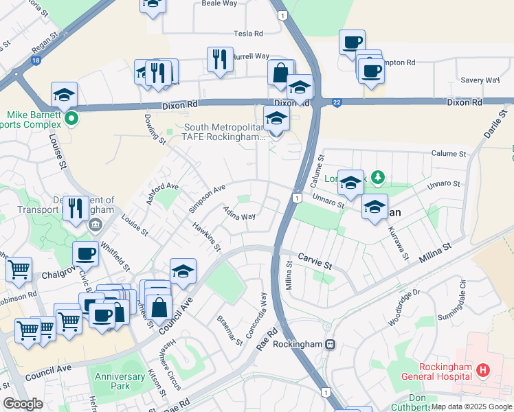 map of restaurants, bars, coffee shops, grocery stores, and more near 1 Sycamore Close in Rockingham