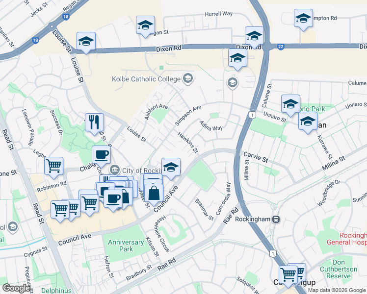 map of restaurants, bars, coffee shops, grocery stores, and more near 10 Hawkins Street in Rockingham
