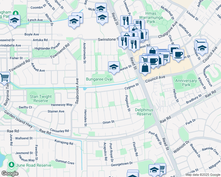 map of restaurants, bars, coffee shops, grocery stores, and more near 40 Cygnus Street in Rockingham