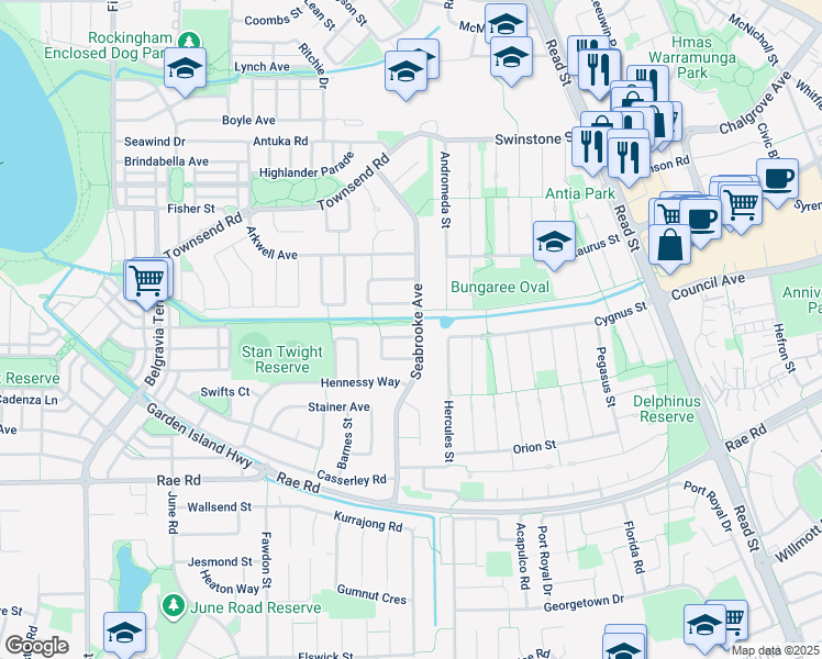 map of restaurants, bars, coffee shops, grocery stores, and more near 2 Warner Lane in Rockingham