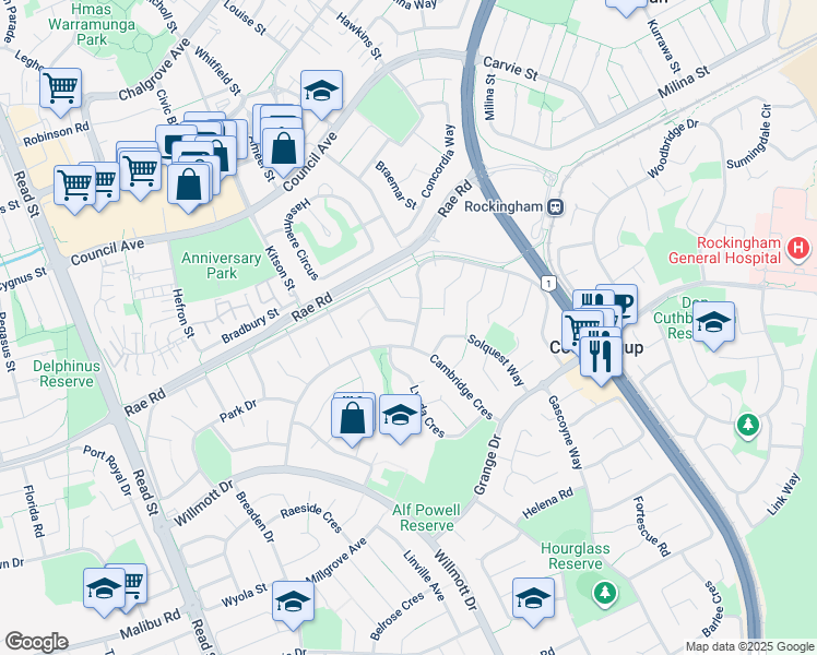 map of restaurants, bars, coffee shops, grocery stores, and more near 5 Mataitai Loop in Cooloongup