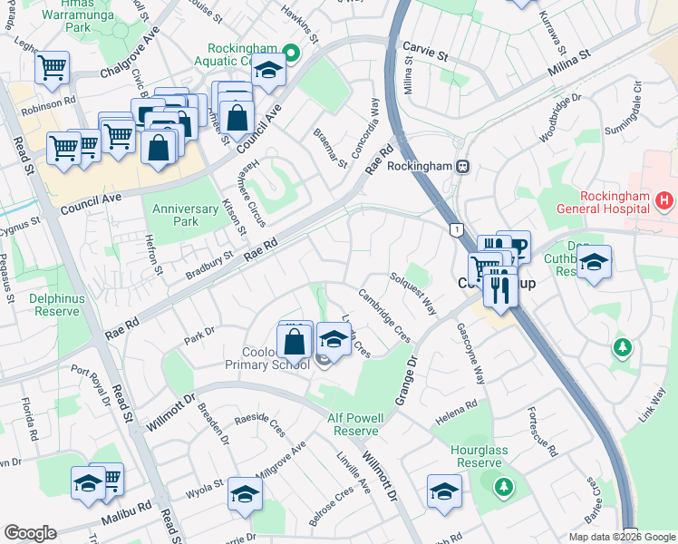 map of restaurants, bars, coffee shops, grocery stores, and more near 3 Mataitai Loop in Cooloongup