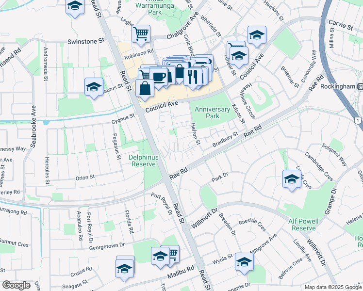 map of restaurants, bars, coffee shops, grocery stores, and more near 4 Merope Close in Rockingham