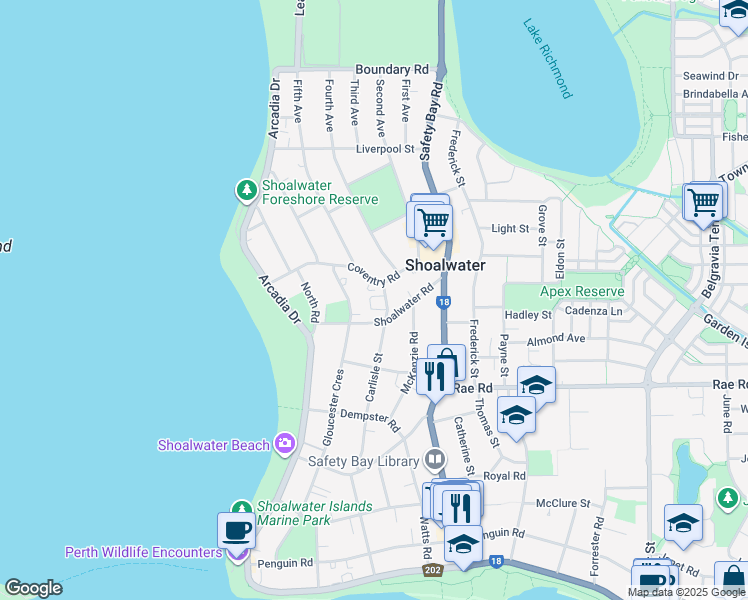 map of restaurants, bars, coffee shops, grocery stores, and more near 5 Carlisle Street in Shoalwater