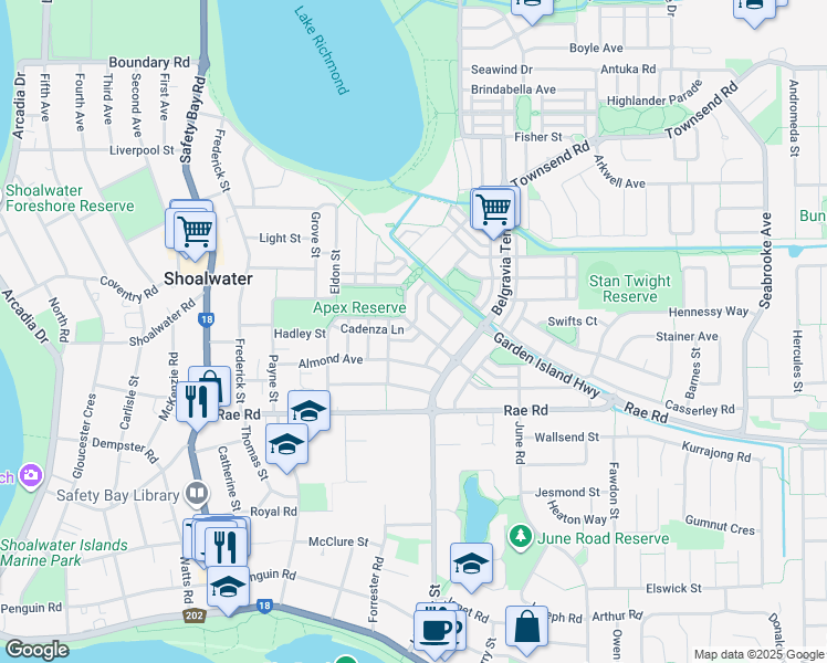 map of restaurants, bars, coffee shops, grocery stores, and more near 2 Celtic Crescent in Shoalwater