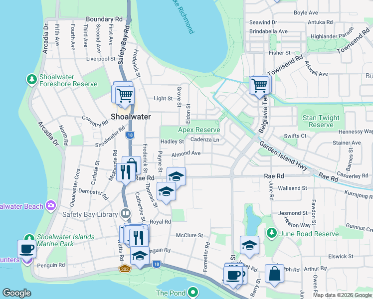 map of restaurants, bars, coffee shops, grocery stores, and more near 18 Almond Avenue in Shoalwater