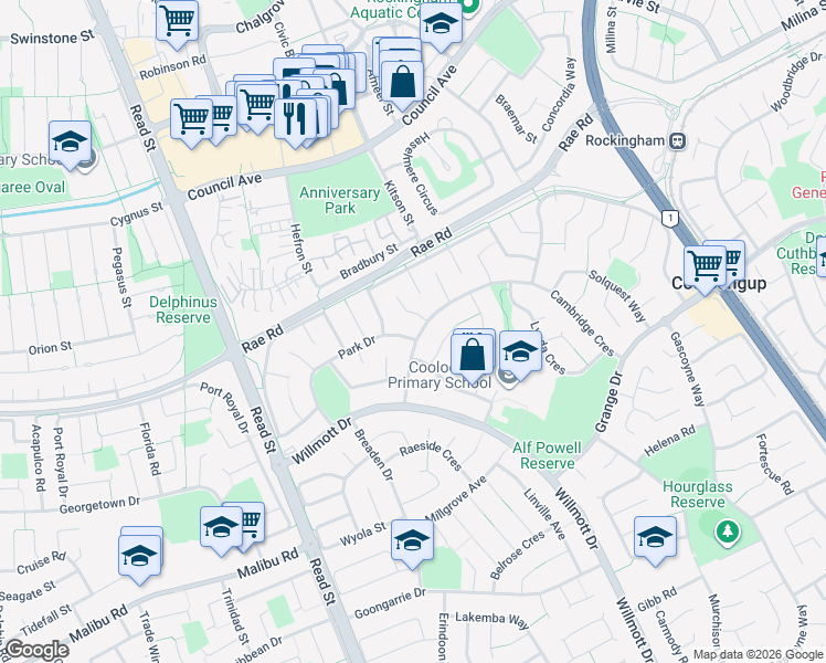 map of restaurants, bars, coffee shops, grocery stores, and more near 19 Cambridge Crescent in Cooloongup