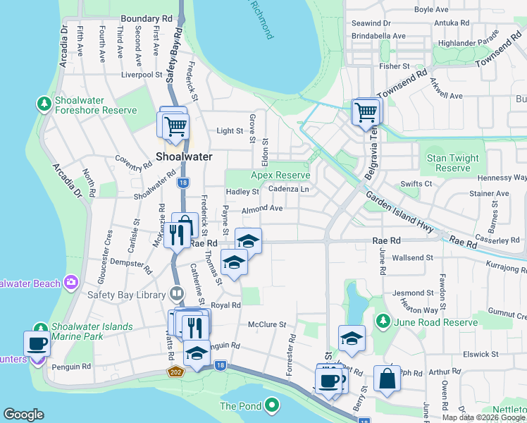 map of restaurants, bars, coffee shops, grocery stores, and more near 8 Mandoo Road in Shoalwater