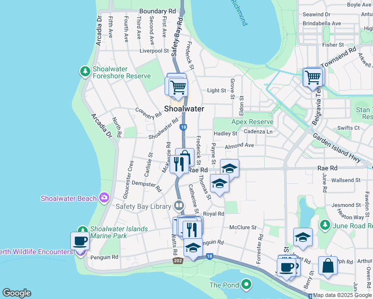 map of restaurants, bars, coffee shops, grocery stores, and more near 156A Safety Bay Road in Shoalwater