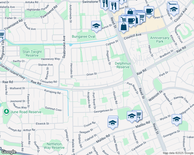 map of restaurants, bars, coffee shops, grocery stores, and more near 2 Turana Place in Rockingham