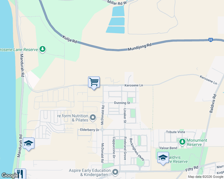 map of restaurants, bars, coffee shops, grocery stores, and more near 19 Chilvers Street in Baldivis