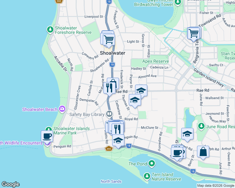 map of restaurants, bars, coffee shops, grocery stores, and more near 5 Rae Road in Safety Bay
