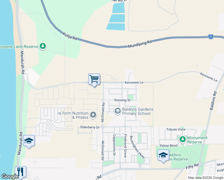 map of restaurants, bars, coffee shops, grocery stores, and more near 14 Chilvers Street in Baldivis