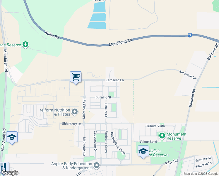 map of restaurants, bars, coffee shops, grocery stores, and more near 34 Chilvers Street in Baldivis