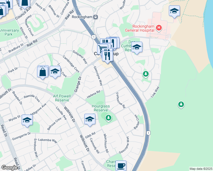 map of restaurants, bars, coffee shops, grocery stores, and more near 2 Rason Close in Cooloongup