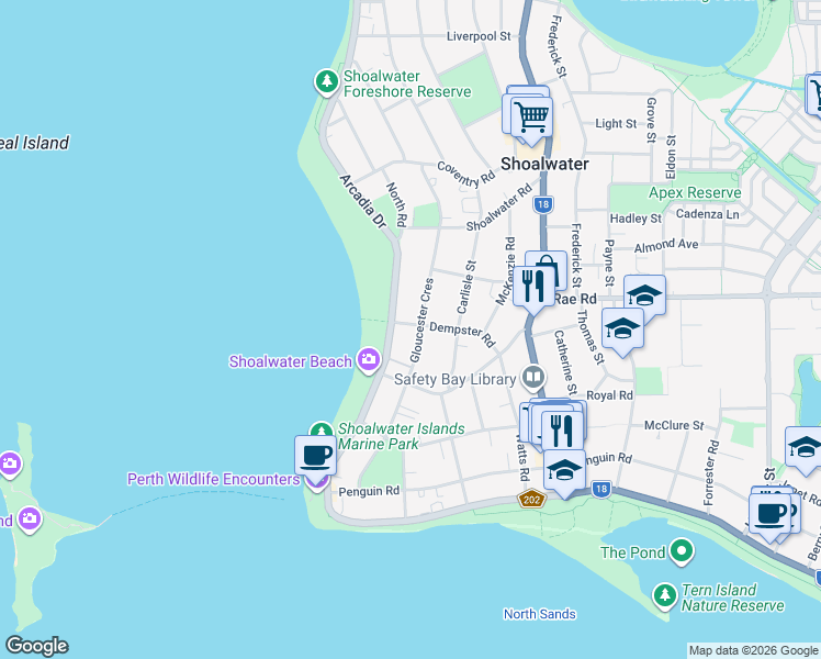 map of restaurants, bars, coffee shops, grocery stores, and more near 91 Gloucester Crescent in Shoalwater