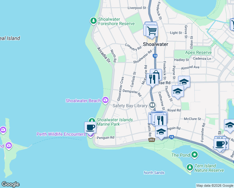 map of restaurants, bars, coffee shops, grocery stores, and more near 93 Gloucester Crescent in Shoalwater