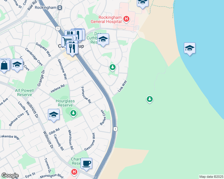 map of restaurants, bars, coffee shops, grocery stores, and more near 42 Link Way in Cooloongup