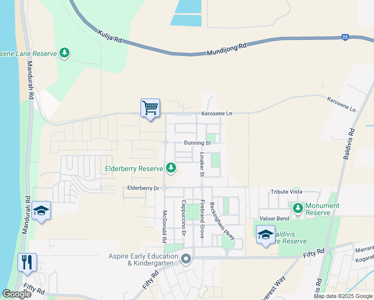 map of restaurants, bars, coffee shops, grocery stores, and more near 134 Kerosene Lane in Baldivis