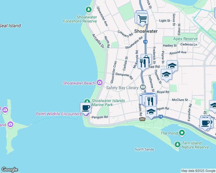 map of restaurants, bars, coffee shops, grocery stores, and more near 4 McLarty Road in Shoalwater