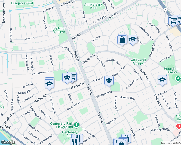 map of restaurants, bars, coffee shops, grocery stores, and more near 30 Annean Loop in Cooloongup