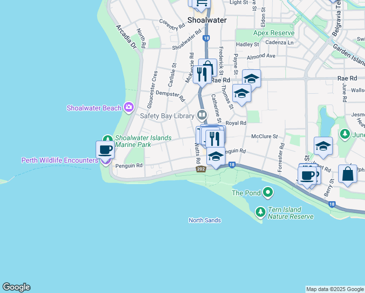 map of restaurants, bars, coffee shops, grocery stores, and more near 29 Seaforth Road in Shoalwater