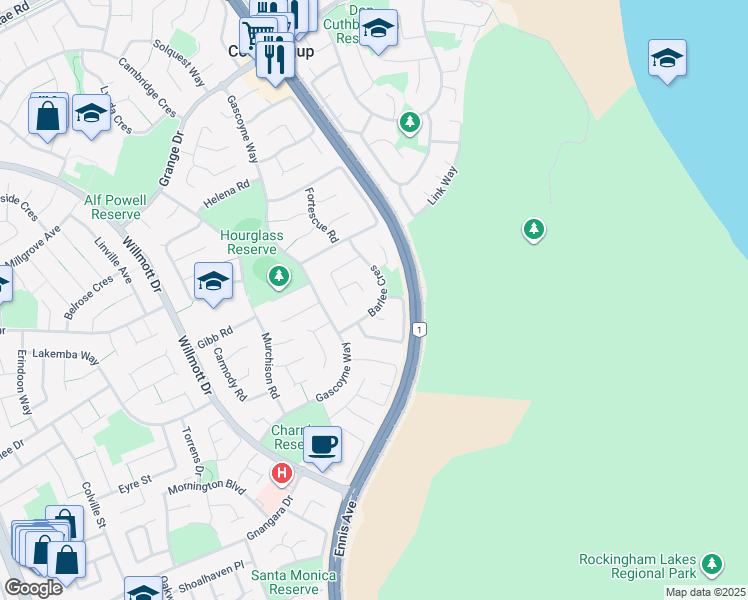 map of restaurants, bars, coffee shops, grocery stores, and more near 17 Barlee Crescent in Waikiki