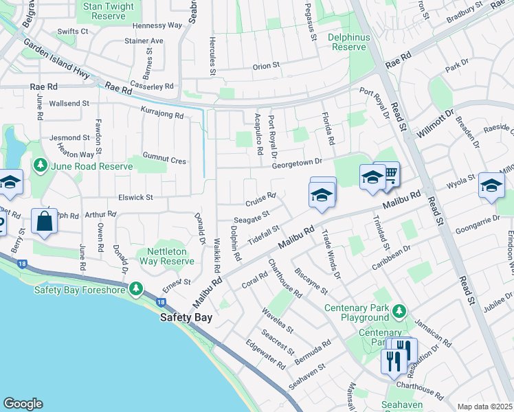 map of restaurants, bars, coffee shops, grocery stores, and more near 21 Cruise Road in Safety Bay