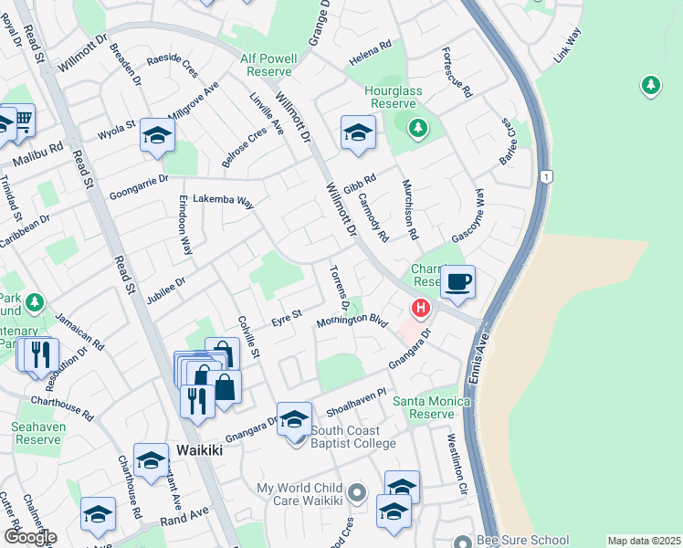 map of restaurants, bars, coffee shops, grocery stores, and more near 7 Torrens Drive in Waikiki