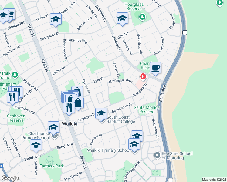 map of restaurants, bars, coffee shops, grocery stores, and more near 26 Lindeman Court in Waikiki