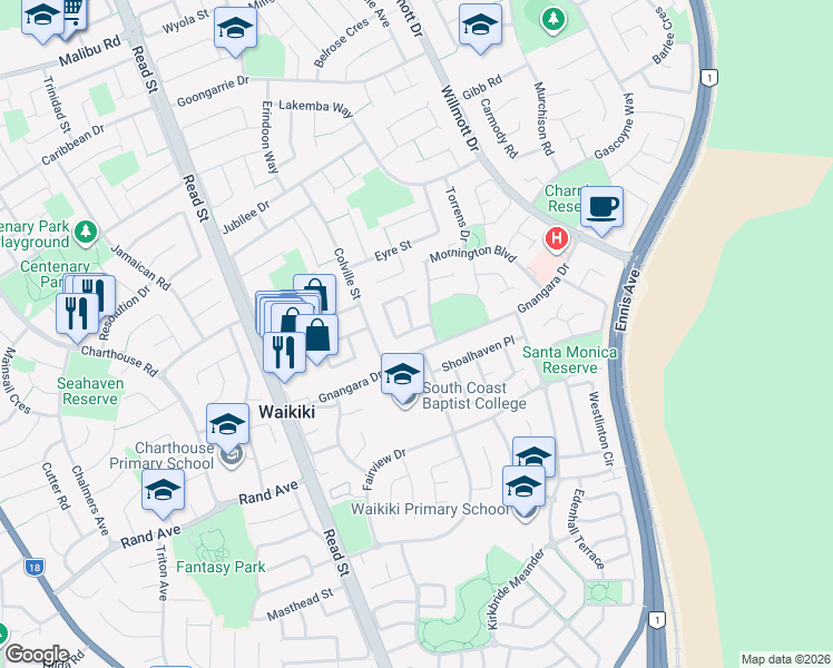 map of restaurants, bars, coffee shops, grocery stores, and more near 3 Vancouver Circle in Waikiki