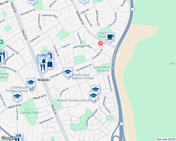 map of restaurants, bars, coffee shops, grocery stores, and more near 5 Burleigh Court in Waikiki