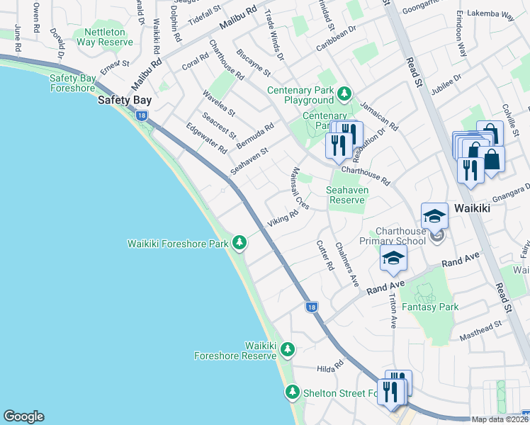 map of restaurants, bars, coffee shops, grocery stores, and more near 5 Abalone Crescent in Waikiki
