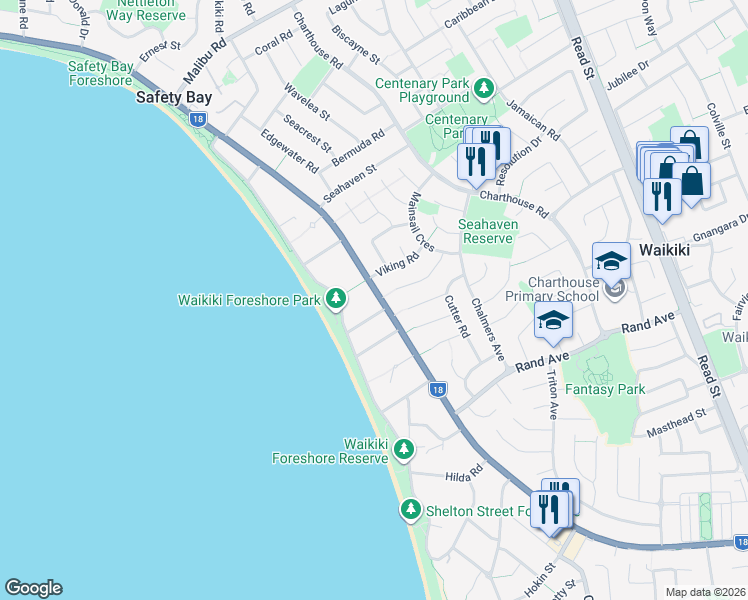 map of restaurants, bars, coffee shops, grocery stores, and more near 533 Safety Bay Road in Waikiki