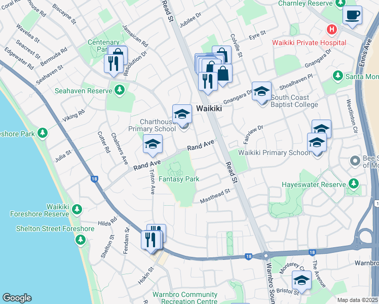 map of restaurants, bars, coffee shops, grocery stores, and more near 40 Rand Avenue in Waikiki