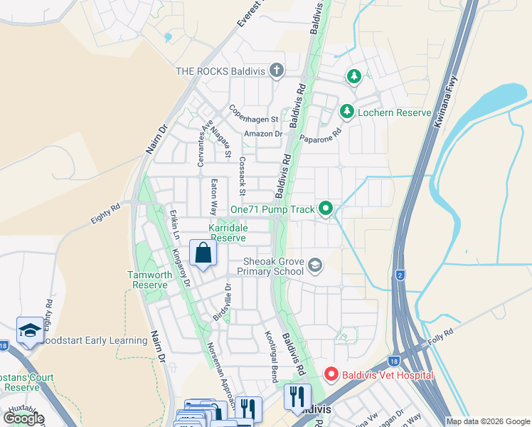 map of restaurants, bars, coffee shops, grocery stores, and more near 2 Pemberton Boulevard in Baldivis